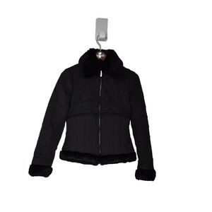 Bebe Jacket Women S Black Quilted Down Rabbit Fur Trim Collar Cuffs Full Zip Vtg